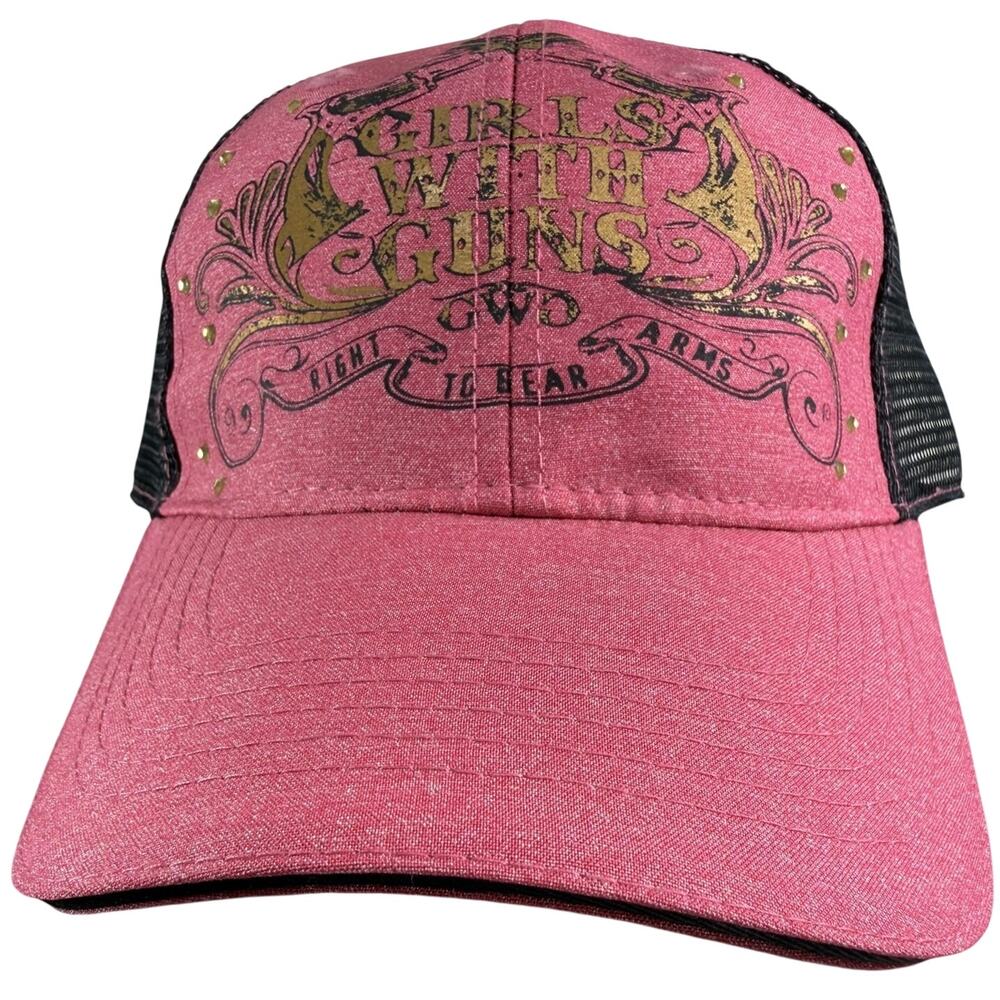 Outdoor Cap Girls With Guns Crossing Pistols Trucker Hat Pink Black Gold Sparkle